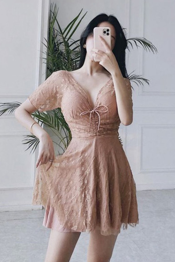 [해외/수입] 셀로나 시스루 레이스 단아한 핑크 커버업 섹시 원피스수영복