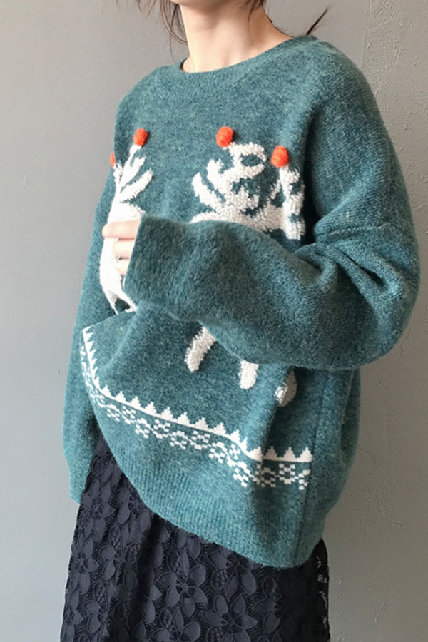 [해외/수입] 루돌프사슴뿔은 귀요미뿔 라운드 여성 루즈핏 니트탑 (커피,크리스마스레드,크리스마스블루)