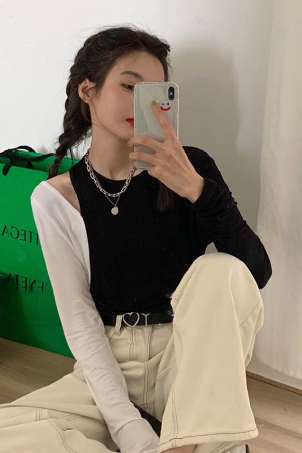 [해외/수입] 난 모르네요 심플무드 언발배색 라운드넥 숄더트임 여리핏 긴팔 티셔츠