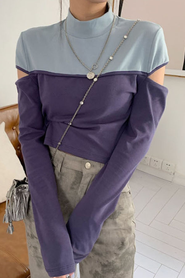 [해외/수입] 찾아 나서야지 하이넥 배색 소매트임 심플무드 크롭 긴팔 티셔츠