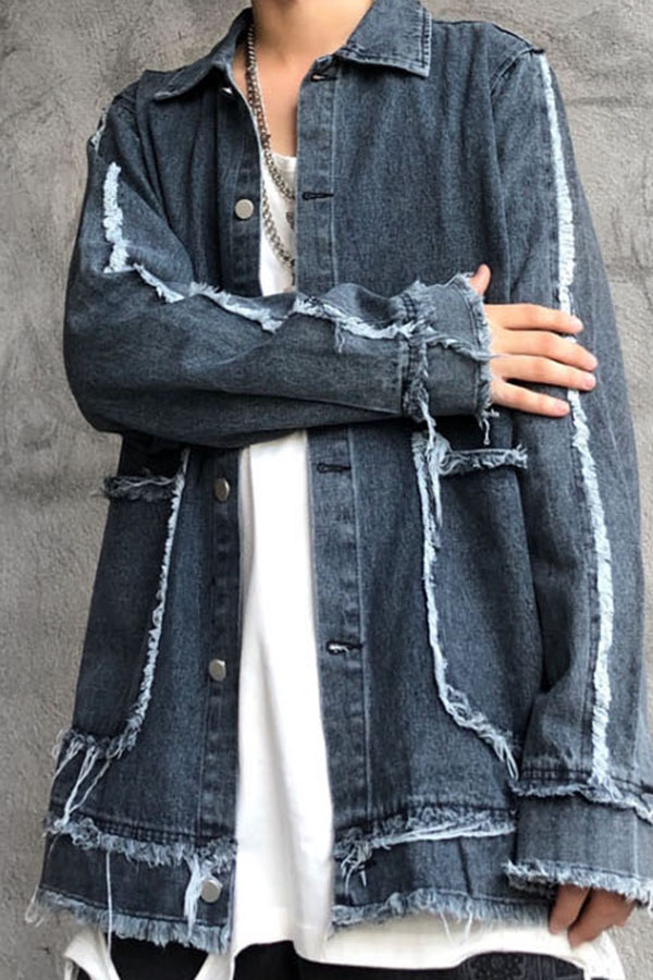 [해외/수입] 여섯번째야 남녀공용 포켓 박시핏 데미지포인 베이직 카라넥 긴팔 셔츠