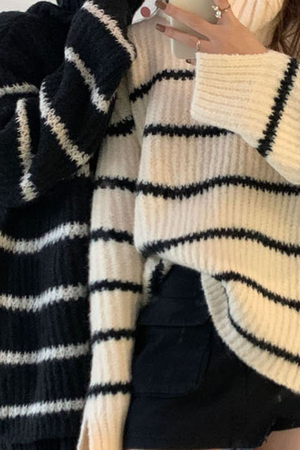 [해외/수입] 내맘은 떨려가고 하이넥 스트라이프패턴 박시핏 스웨터 심플모던 니트