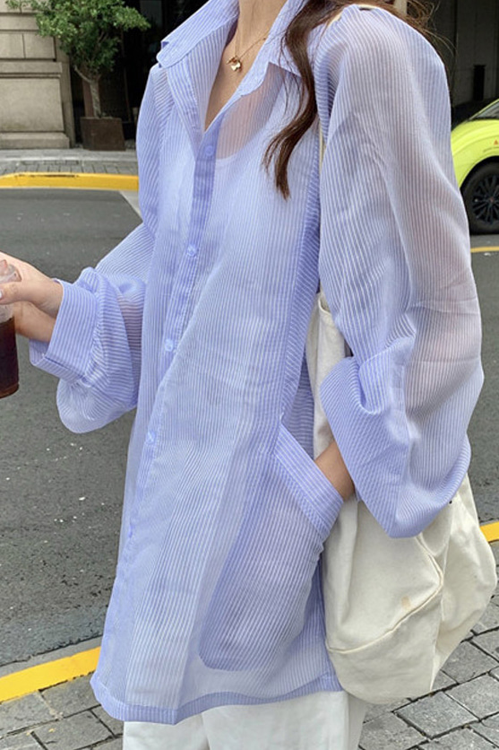 [국내배송] 같이 사진 찍으면 와이드소매 여리핏 포켓포인 시스루 긴팔셔츠