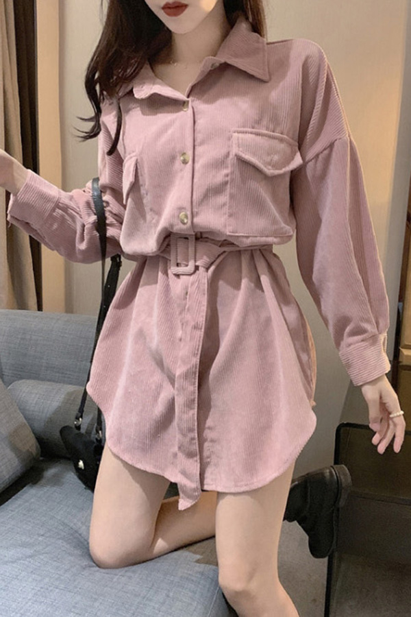 [해외/수입] 댄시 코듀로이 벨트 스트랩 카라 포켓 셔츠 원피스 (핑크,살구)